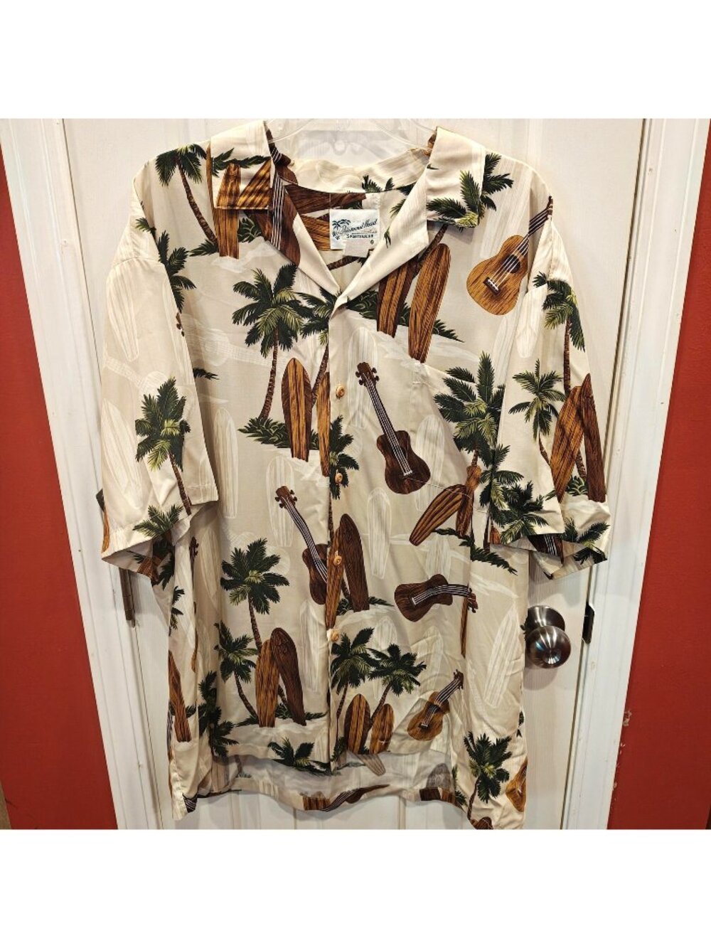 VTG Diamond Head Sportswear Shirt Mens XL Beige Ukulele Surfboard Aloha Hawaii